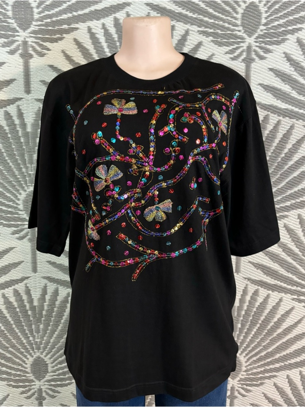 Vtg Sequin Embroidered T Shirt Womens Sz M Colorful Retro Festival Oversized 80s